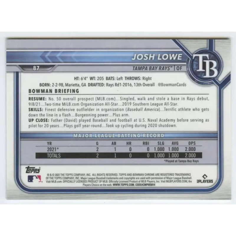 2022 Bowman Chrome #87 Josh Lowe NM-MT RC Rookie Tampa Bay Rays Baseball Card - Baseball Card Single
