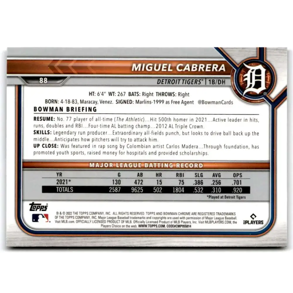 2022 Bowman Chrome #88 Miguel Cabrera NM-MT Detroit Tigers Baseball Card - Baseball Card Single