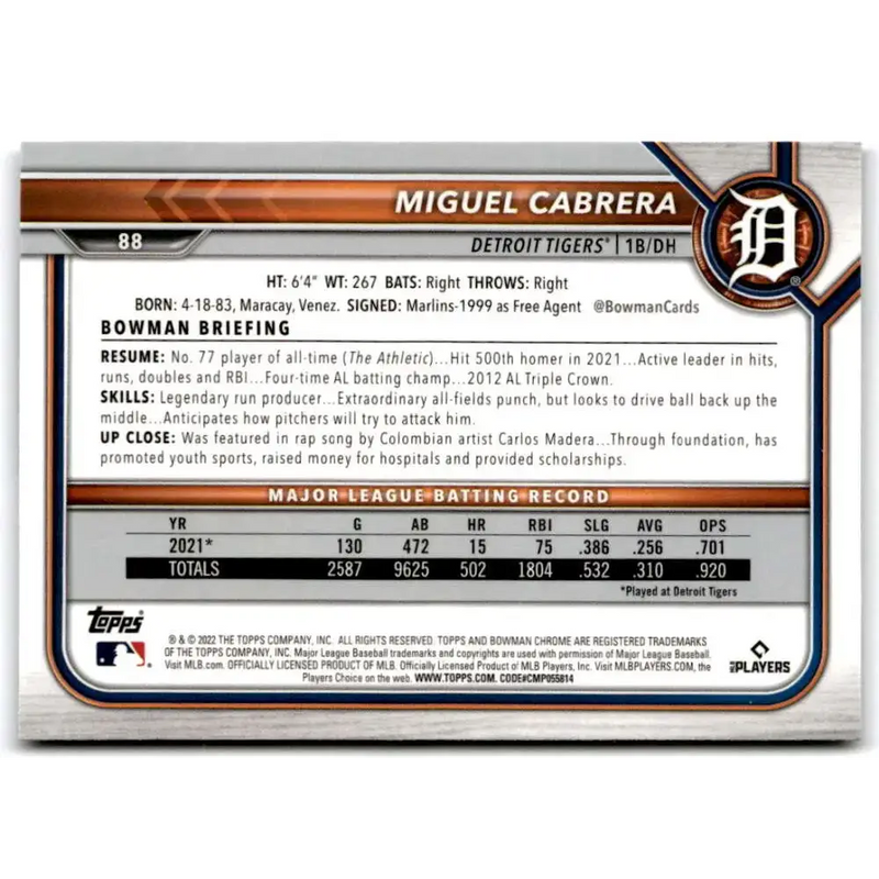 2022 Bowman Chrome #88 Miguel Cabrera NM-MT Detroit Tigers Baseball Card - Baseball Card Single