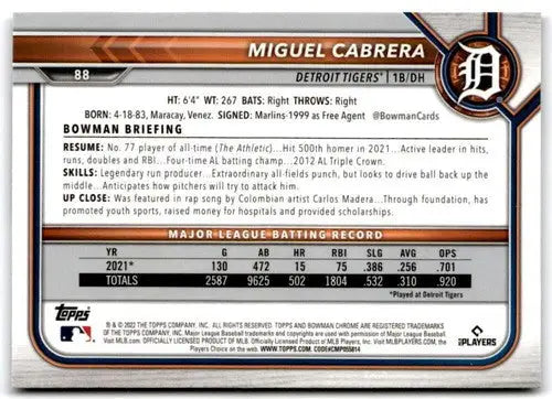 2022 Bowman Chrome Miguel Cabrera baseball card with original gloss Tigers ID 47099