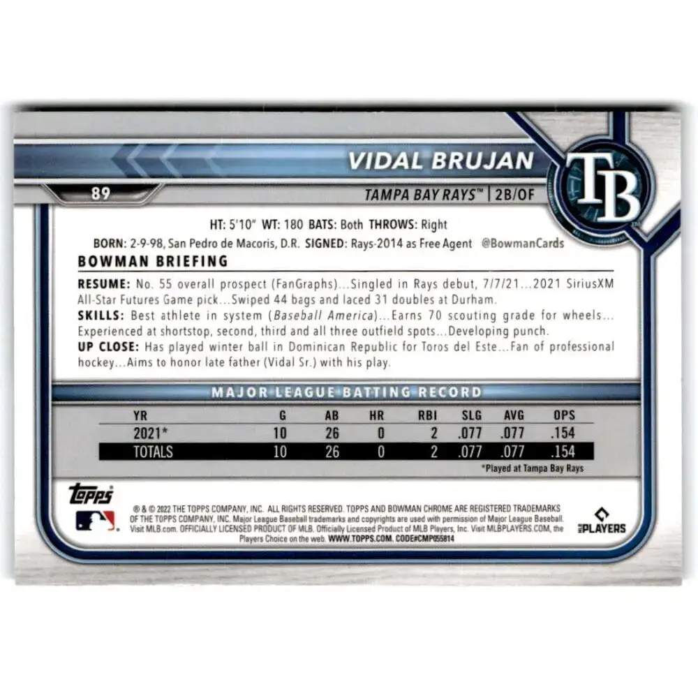 2022 Bowman Chrome #89 Vidal Brujan NM-MT RC Rookie Tampa Bay Rays Baseball Card - Baseball Card Single