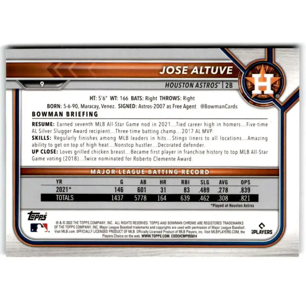 2022 Bowman Chrome #9 Jose Altuve NM-MT Houston Astros Baseball Card - Baseball Card Single