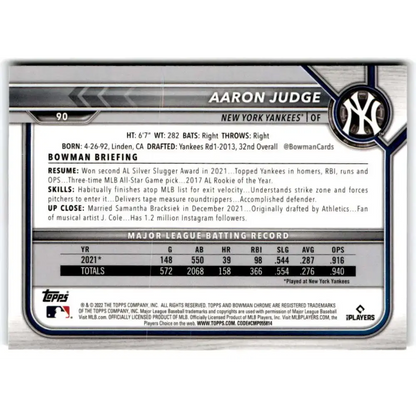2022 Bowman Chrome #90 Aaron Judge NM-MT New York Yankees Baseball Card