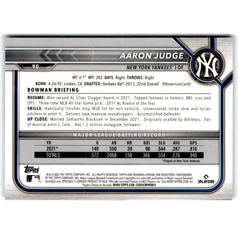 2022 Bowman Chrome #90 Aaron Judge NM-MT New York Yankees Baseball Card - Baseball Card Single