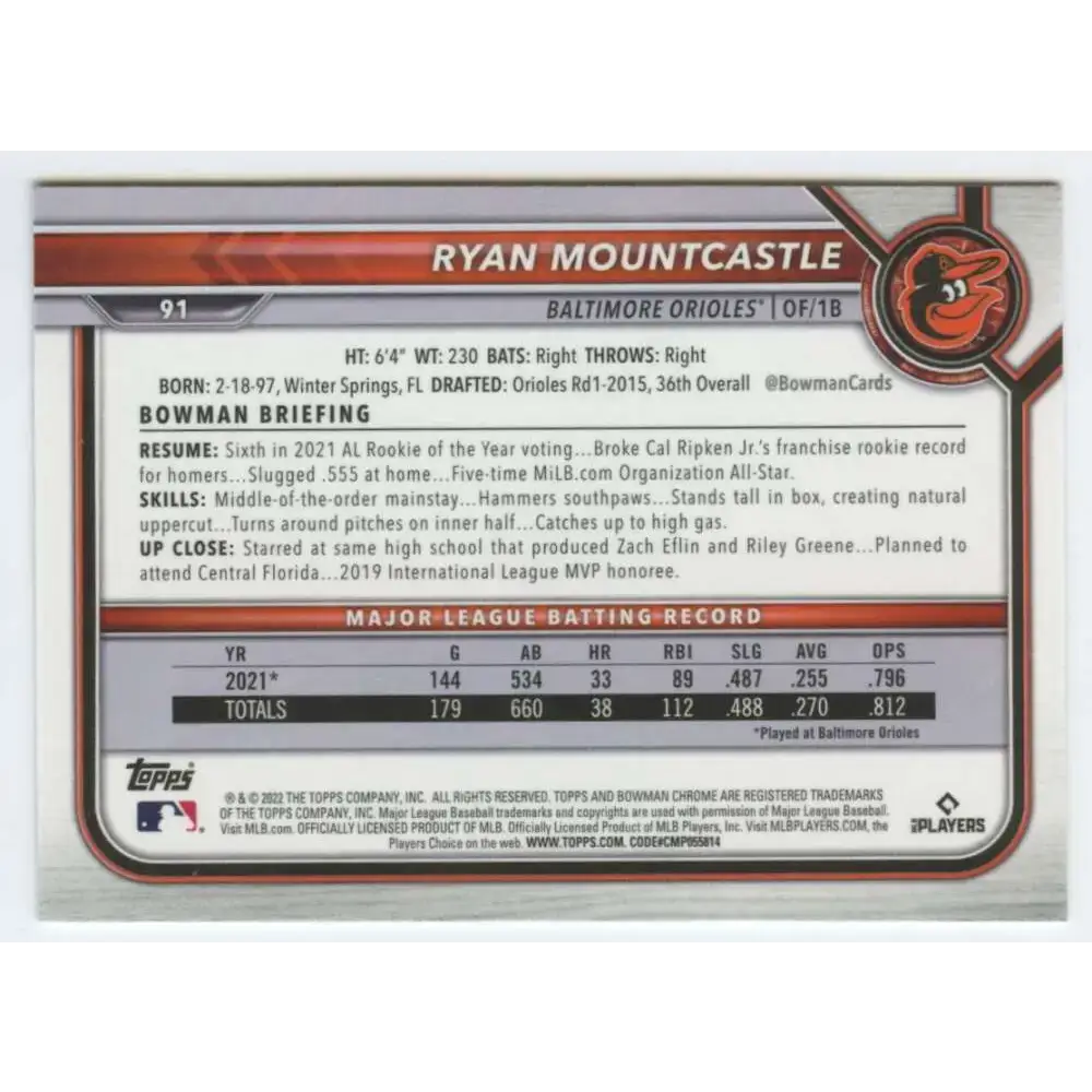 2022 Bowman Chrome #91 Ryan Mountcastle NM-MT Baltimore Orioles Baseball Card - Baseball Card Single