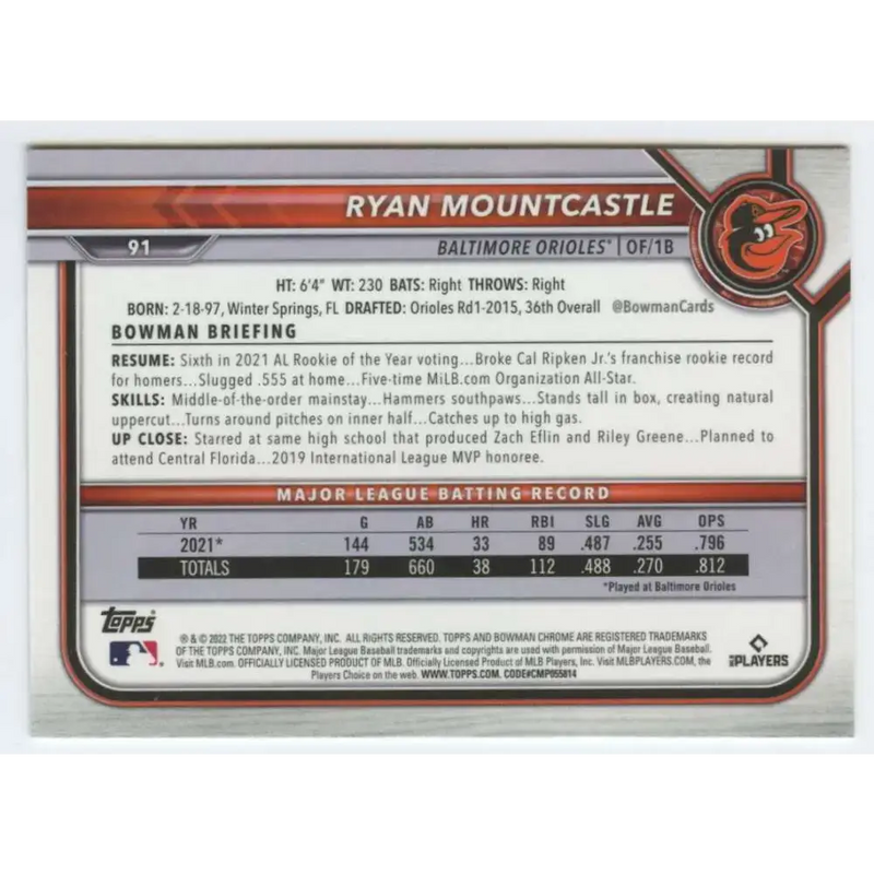 2022 Bowman Chrome #91 Ryan Mountcastle NM-MT Baltimore Orioles Baseball Card - Baseball Card Single