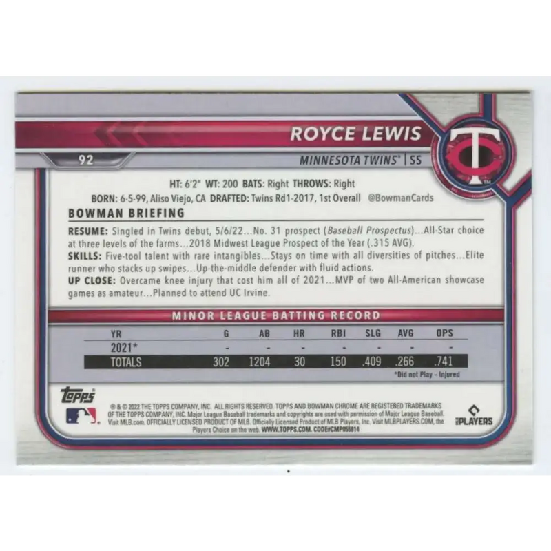 2022 Bowman Chrome #92 Royce Lewis NM-MT RC Rookie Minnesota Twins Baseball Card - Baseball Card Single