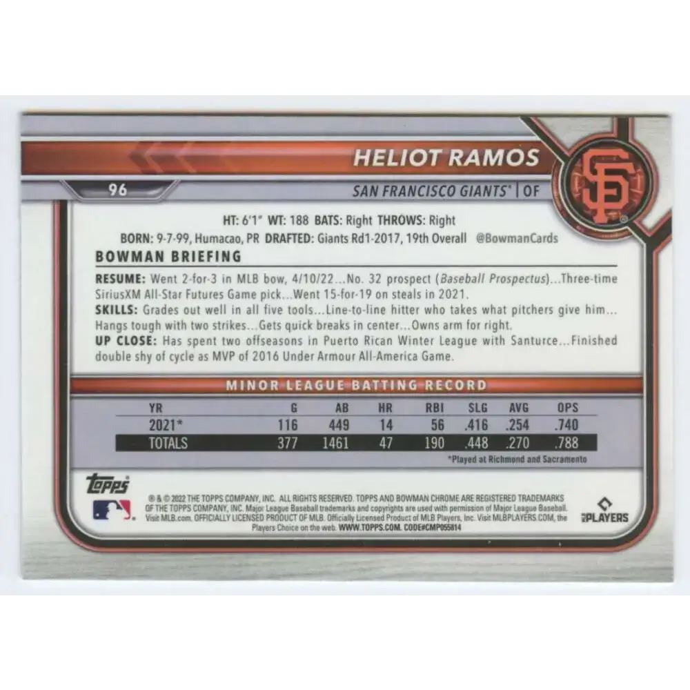 2022 Bowman Chrome #96 Heliot Ramos NM-MT RC Rookie San Francisco Giants Baseball Card - Baseball Card Single