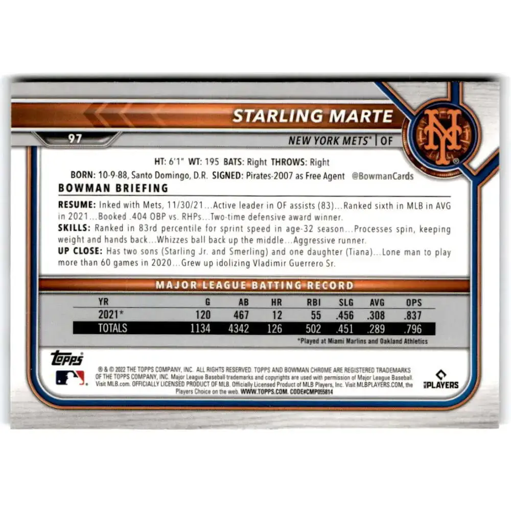 2022 Bowman Chrome #97 Starling Marte NM-MT New York Mets Baseball Card - Baseball Card Single