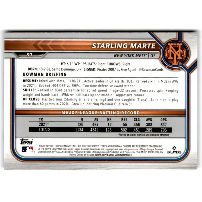 2022 Bowman Chrome #97 Starling Marte NM-MT New York Mets Baseball Card - Baseball Card Single