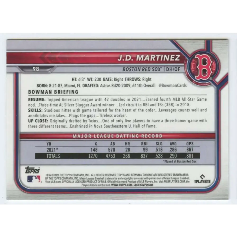 2022 Bowman Chrome #98 J.D. Martinez NM-MT Boston Red Sox Baseball Card - Baseball Card Single