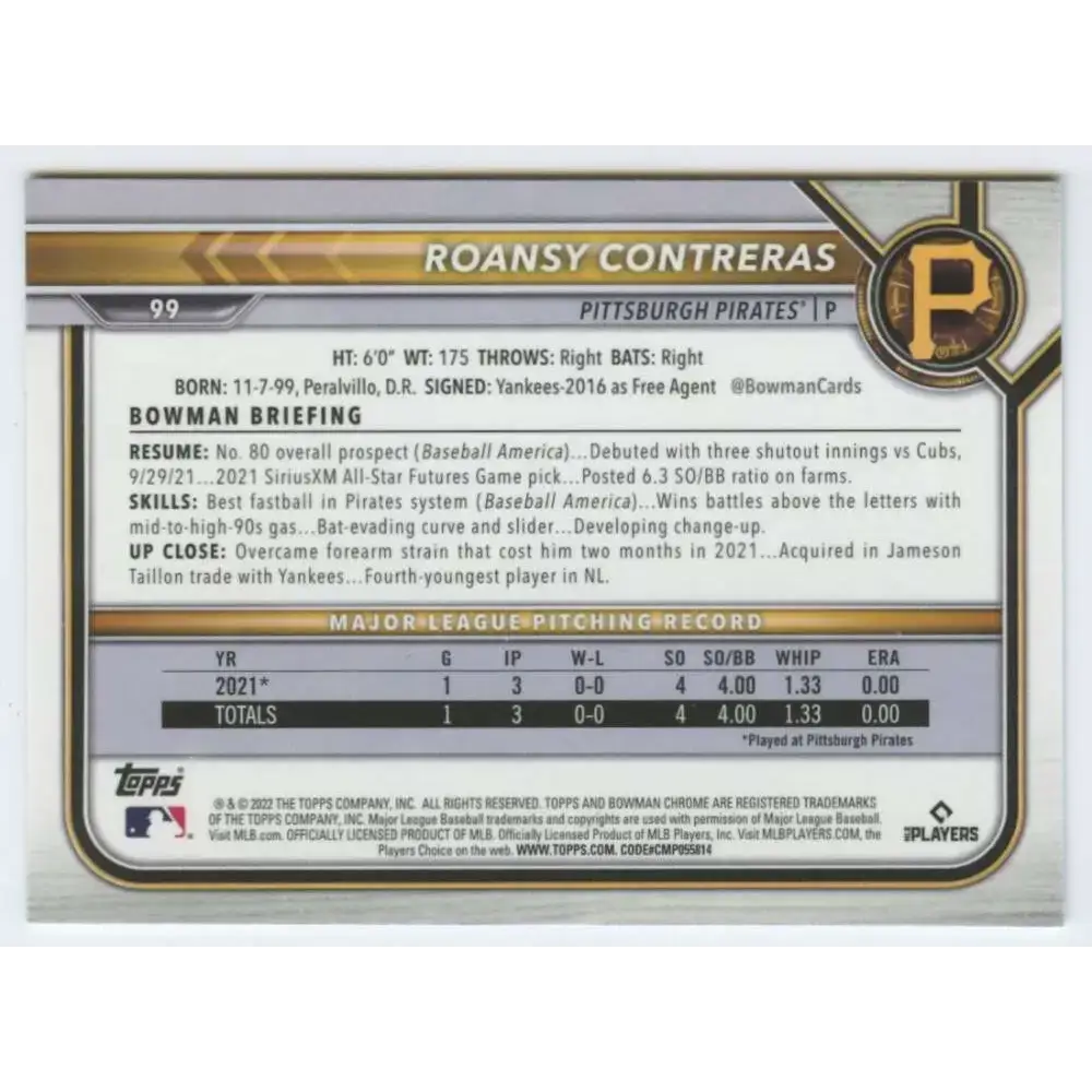 2022 Bowman Chrome #99 Roansy Contreras NM-MT RC Rookie Pittsburgh Pirates Baseball Card - Baseball Card Single