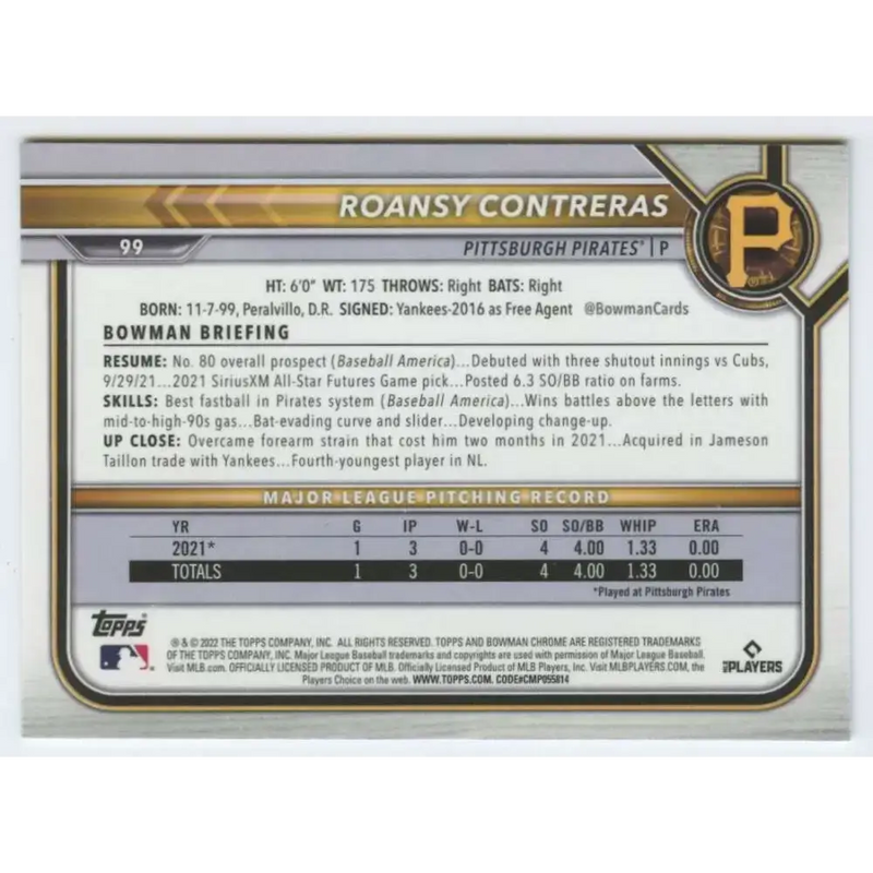 2022 Bowman Chrome #99 Roansy Contreras NM-MT RC Rookie Pittsburgh Pirates Baseball Card - Baseball Card Single