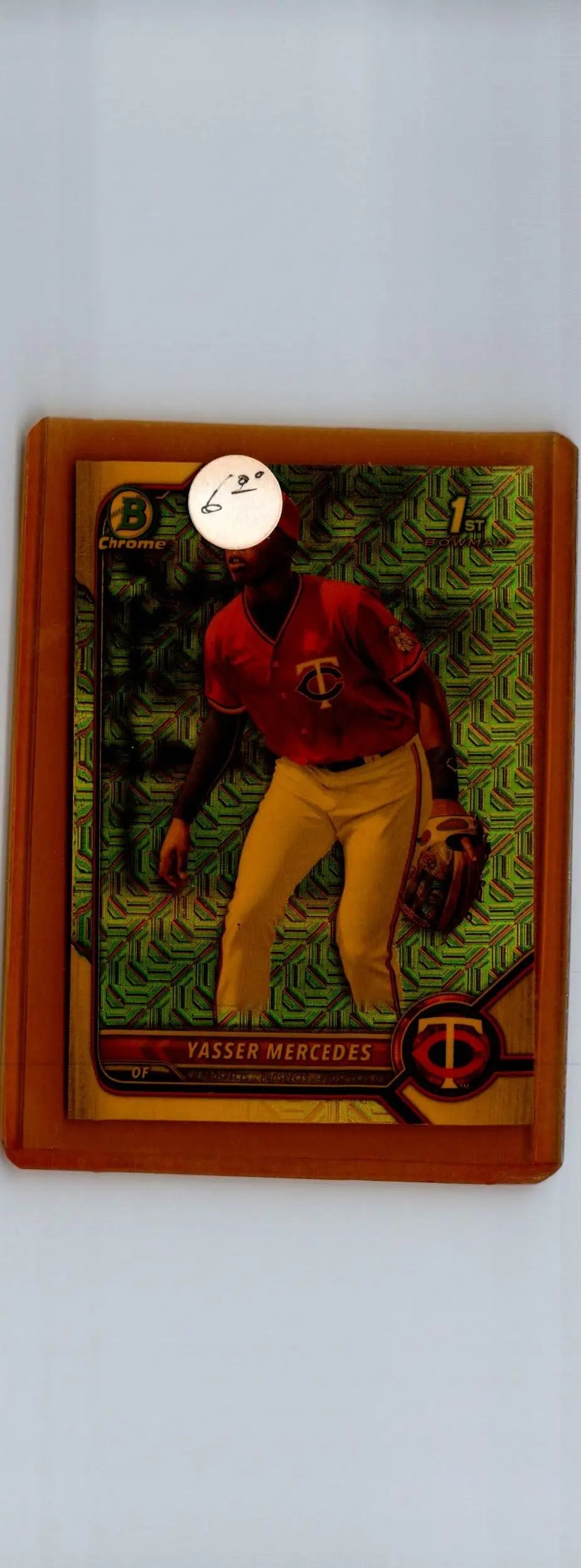 Baseball card of Yasser Mercedes Prospects Mojo refractor in red shirt and yellow pants