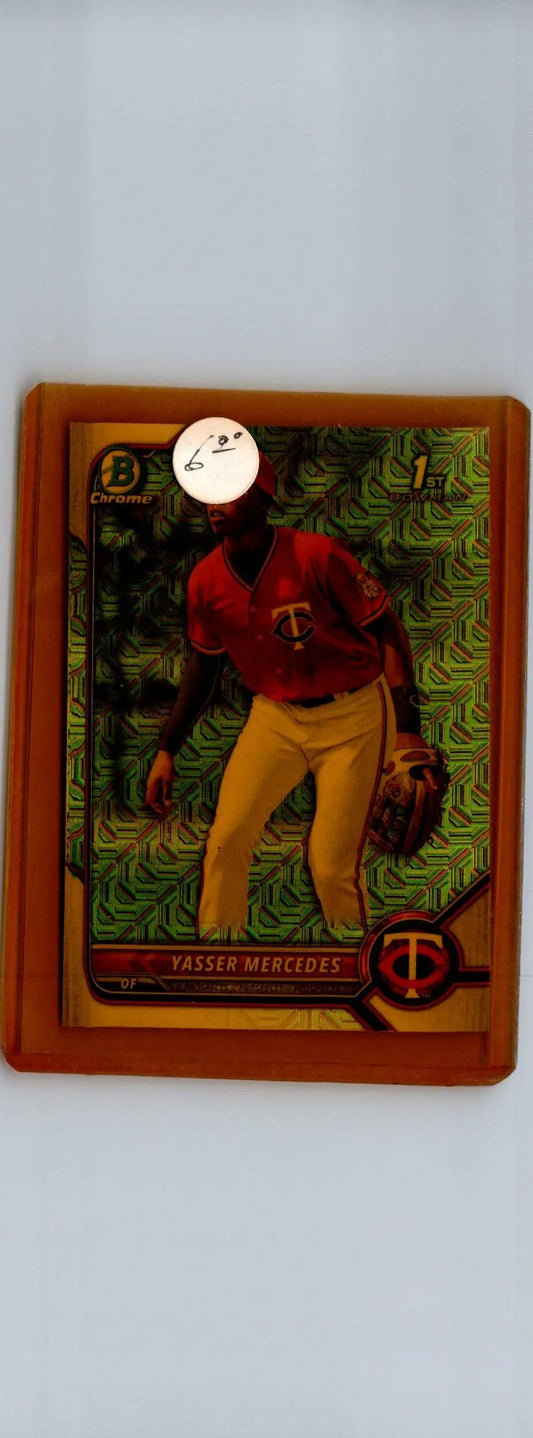 Baseball card of Yasser Mercedes Prospects Mojo refractor in red shirt and yellow pants