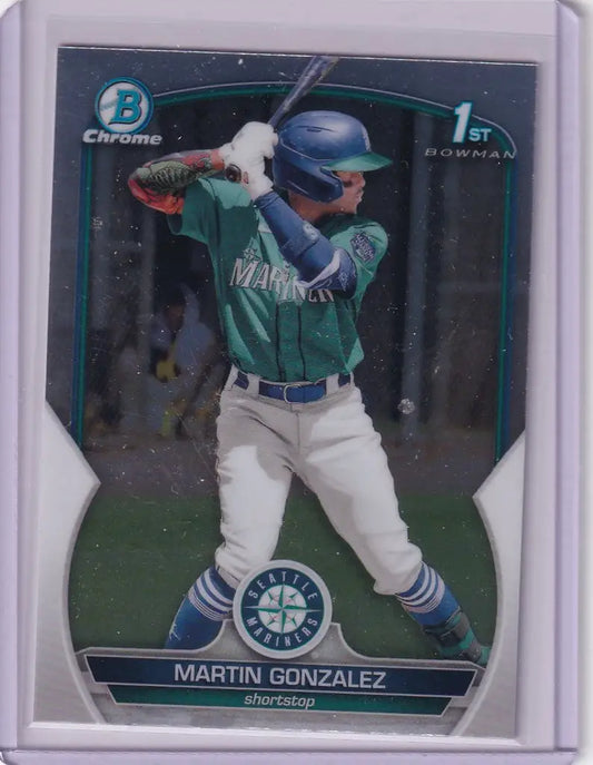 Baseball card of Martin Gonzalez Seattle Mariners in batting stance from Bowman Chrome series