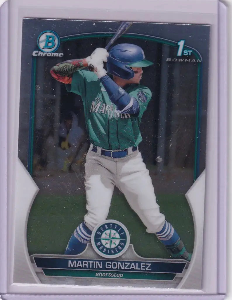 Baseball card of Martin Gonzalez Seattle Mariners in batting stance from Bowman Chrome series