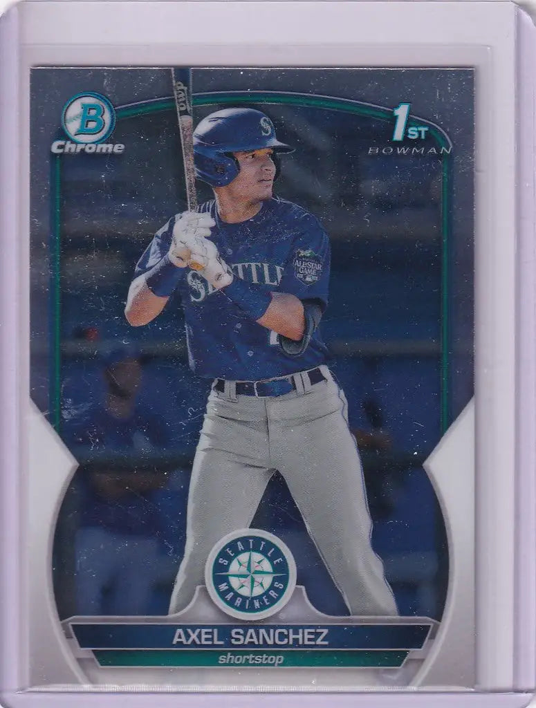 Baseball card of Axel Sanchez Seattle Mariners in batting stance, BCP73 Axel Sanchez