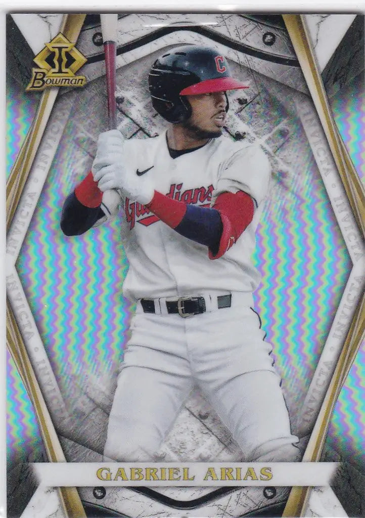 Baseball card of Gabriel Arias Invicta Insert RC Cleveland Indians player in white uniform