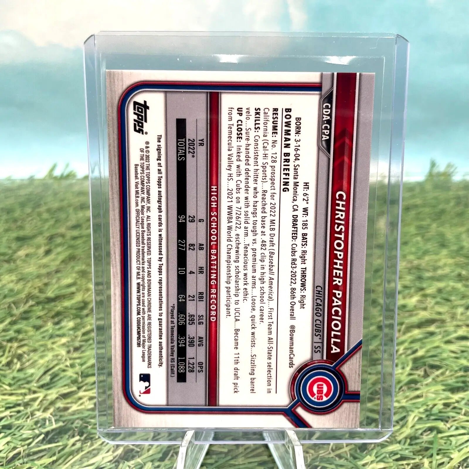 Christopher Paciolla baseball card from 2022 Bowman Chrome Draft, Chicago Cubs Prospect Auto