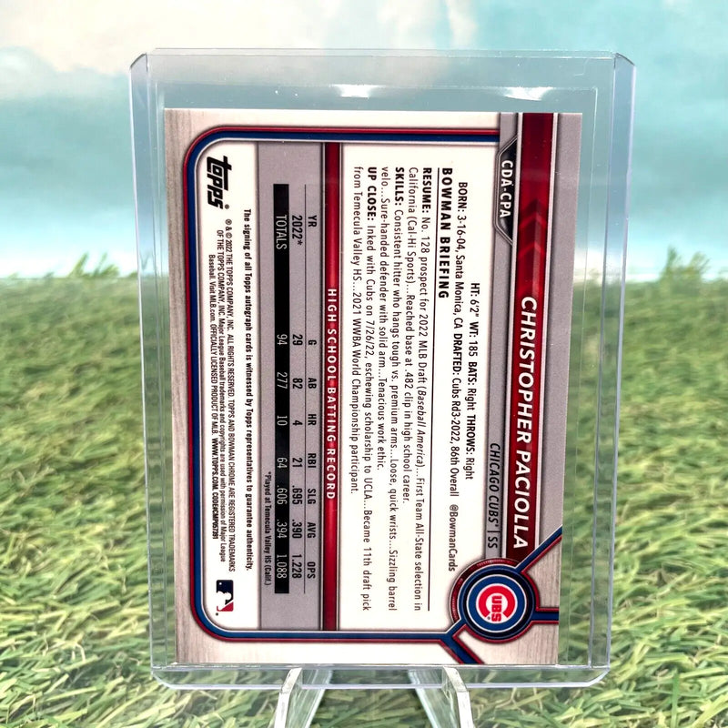 Christopher Paciolla baseball card from 2022 Bowman Chrome Draft, Chicago Cubs Prospect Auto