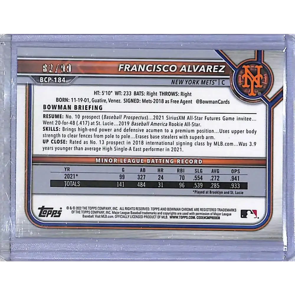 2022 Bowman Chrome Green Mojo #BCP-184 Francisco Alvarez NM-MT 82/99 New York Mets - Baseball Card Single