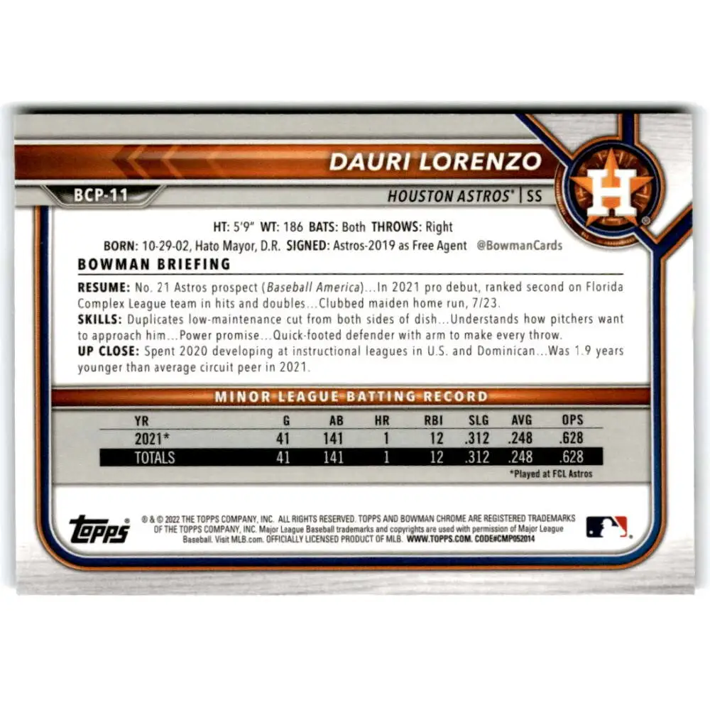 2022 Bowman Chrome Mega Box Mojo Refractor #BCP-11 Dauri Lorenzo NM-MT Houston Astros Baseball Card Image 2