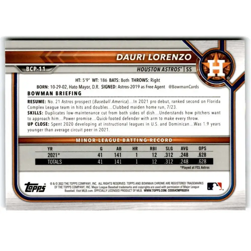 2022 Bowman Chrome Mega Box Mojo Refractor #BCP-11 Dauri Lorenzo NM-MT Houston Astros Baseball Card - Baseball Card Box