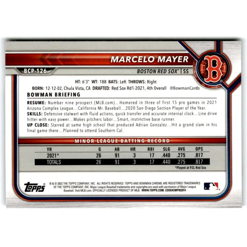 2022 Bowman Chrome Mega Box Mojo Refractor #BCP-126 Marcelo Mayer NM-MT Boston Red Sox Baseball Card Image 2