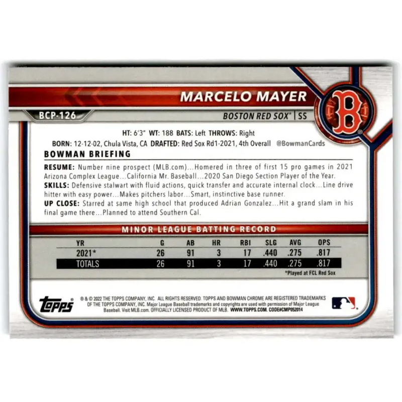 2022 Bowman Chrome Mega Box Mojo Refractor #BCP-126 Marcelo Mayer NM-MT Boston Red Sox Baseball Card - Baseball Card