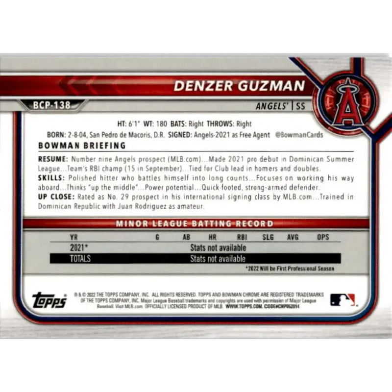 2022 Bowman Chrome Mega Box Mojo Refractor #BCP-138 Denzer Guzman NM-MT Los Angeles Angels Baseball Card - Baseball