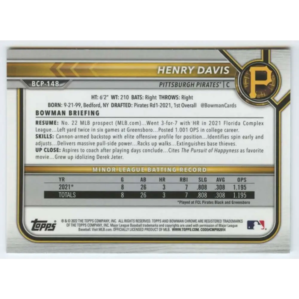 2022 Bowman Chrome Mega Box Mojo Refractor #BCP-148 Henry Davis NM-MT Pittsburgh Pirates Baseball Card Image 2