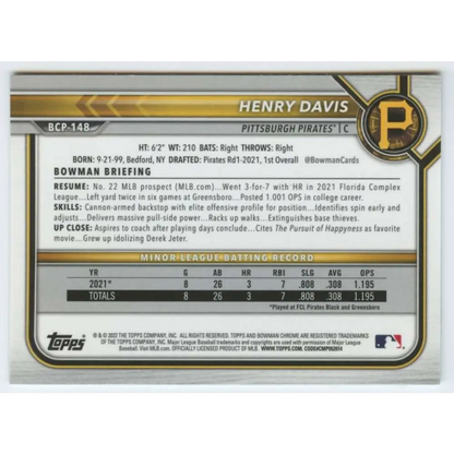 2022 Bowman Chrome Mega Box Mojo Refractor #BCP-148 Henry Davis NM-MT Pittsburgh Pirates Baseball Card Image 2