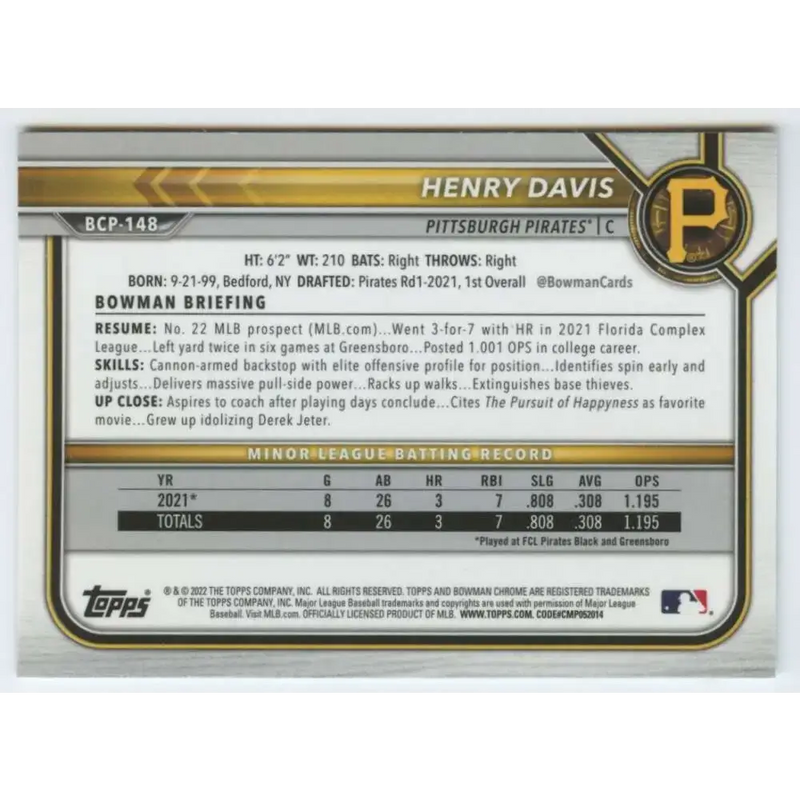2022 Bowman Chrome Mega Box Mojo Refractor #BCP-148 Henry Davis NM-MT Pittsburgh Pirates Baseball Card - Baseball Card
