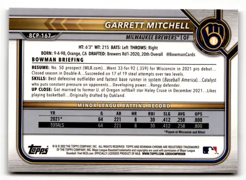 Garrett Mitchell baseball card from 2022 Bowman Chrome Mega Box Mojo Refractor