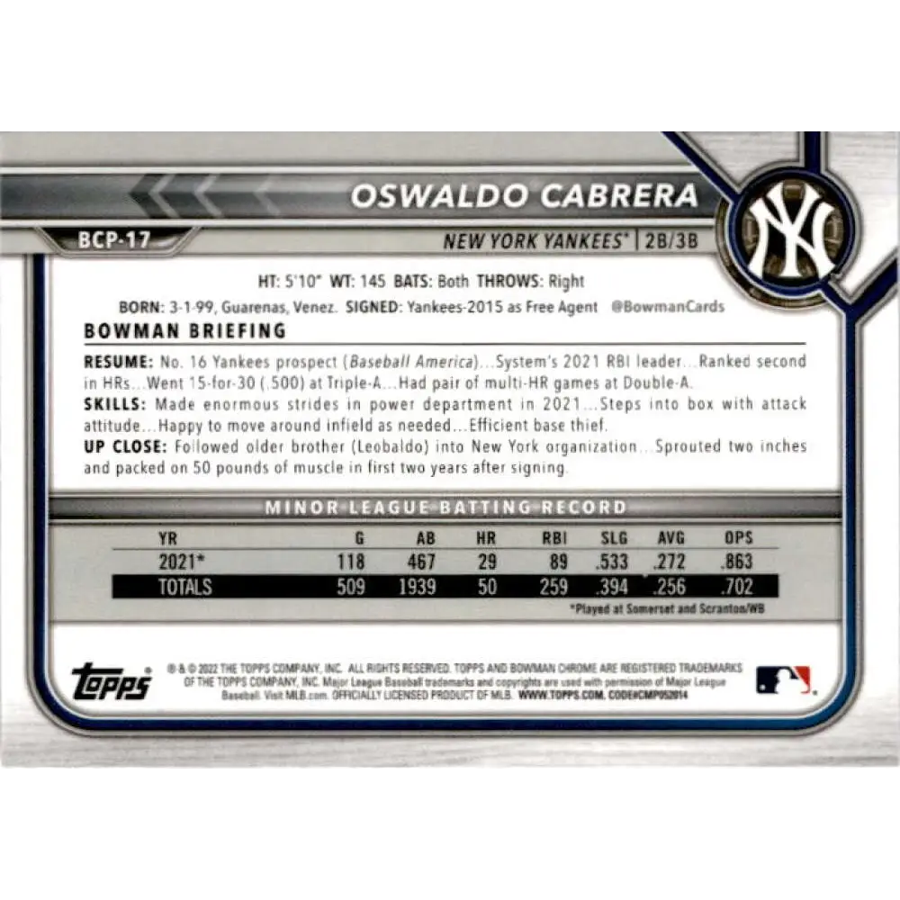 2022 Bowman Chrome Mega Box Mojo Refractor #BCP-17 Oswaldo Cabrera NM-MT New York Yankees Baseball Card Image 2