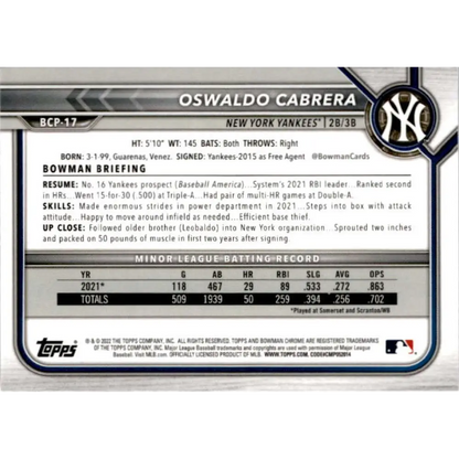 2022 Bowman Chrome Mega Box Mojo Refractor #BCP-17 Oswaldo Cabrera NM-MT New York Yankees Baseball Card Image 2
