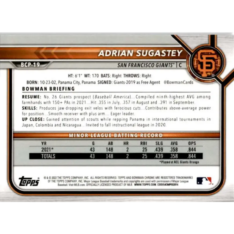 2022 Bowman Chrome Mega Box Mojo Refractor #BCP-19 Adrian Sugastey NM-MT San Francisco Giants Baseball Card - Baseball