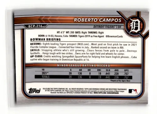 Roberto Campos baseball card from 2022 Bowman Chrome Mega Box Mojo Refractor