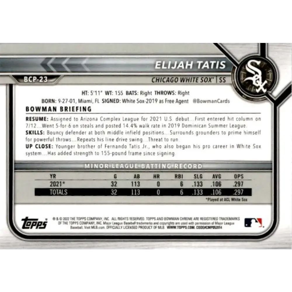 2022 Bowman Chrome Mega Box Mojo Refractor #BCP-23 Elijah Tatis NM-MT Chicago White Sox Baseball Card
