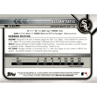 2022 Bowman Chrome Mega Box Mojo Refractor #BCP-23 Elijah Tatis NM-MT Chicago White Sox Baseball Card