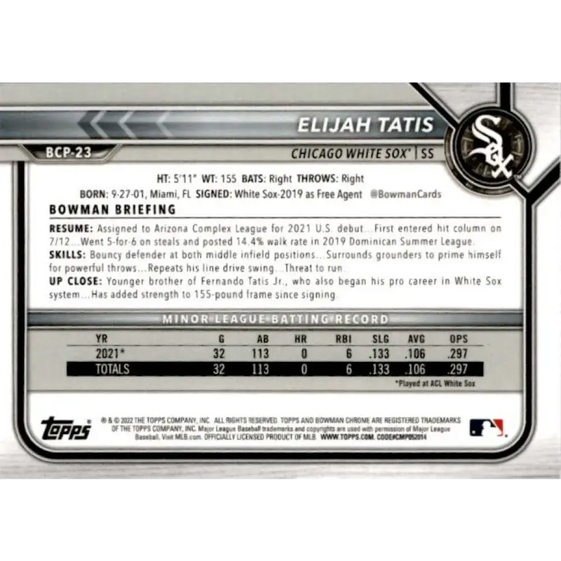 2022 Bowman Chrome Mega Box Mojo Refractor #BCP-23 Elijah Tatis NM-MT Chicago White Sox Baseball Card - Baseball Card