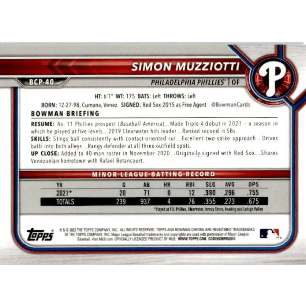 2022 Bowman Chrome Mega Box Mojo Refractor #BCP-40 Simon Muzziotti NM-MT Philadelphia Phillies Baseball Card