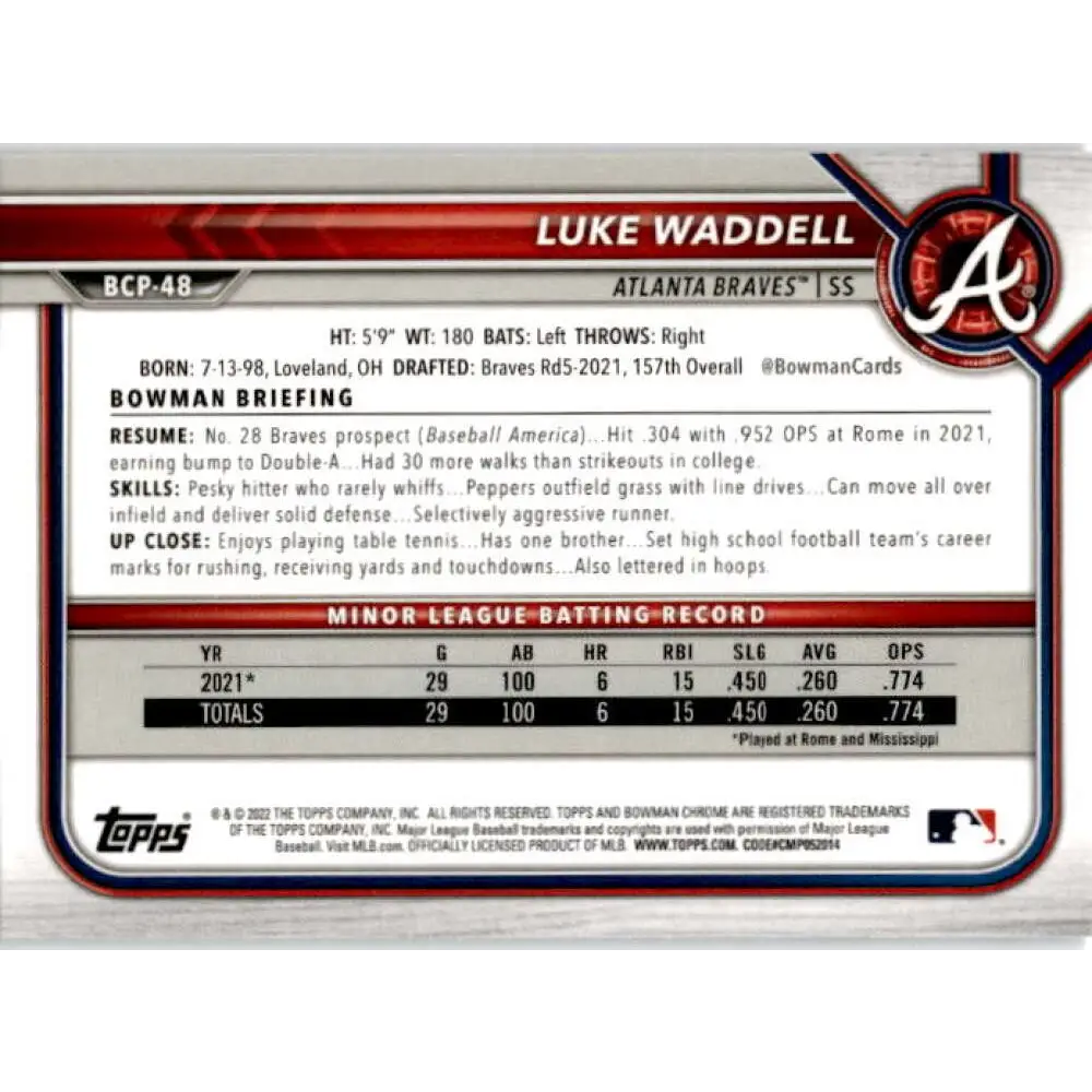 2022 Bowman Chrome Mega Box Mojo Refractor #BCP-48 Luke Waddell NM-MT Atlanta Braves Baseball Card Image 2
