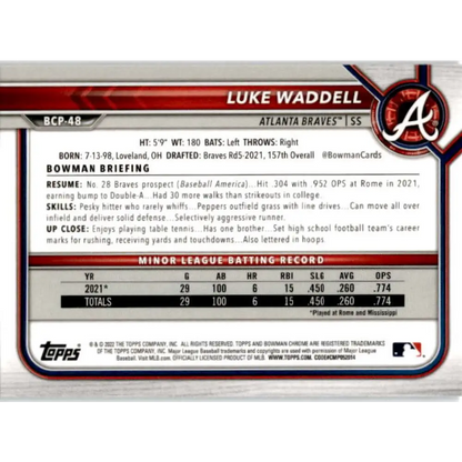 2022 Bowman Chrome Mega Box Mojo Refractor #BCP-48 Luke Waddell NM-MT Atlanta Braves Baseball Card Image 2