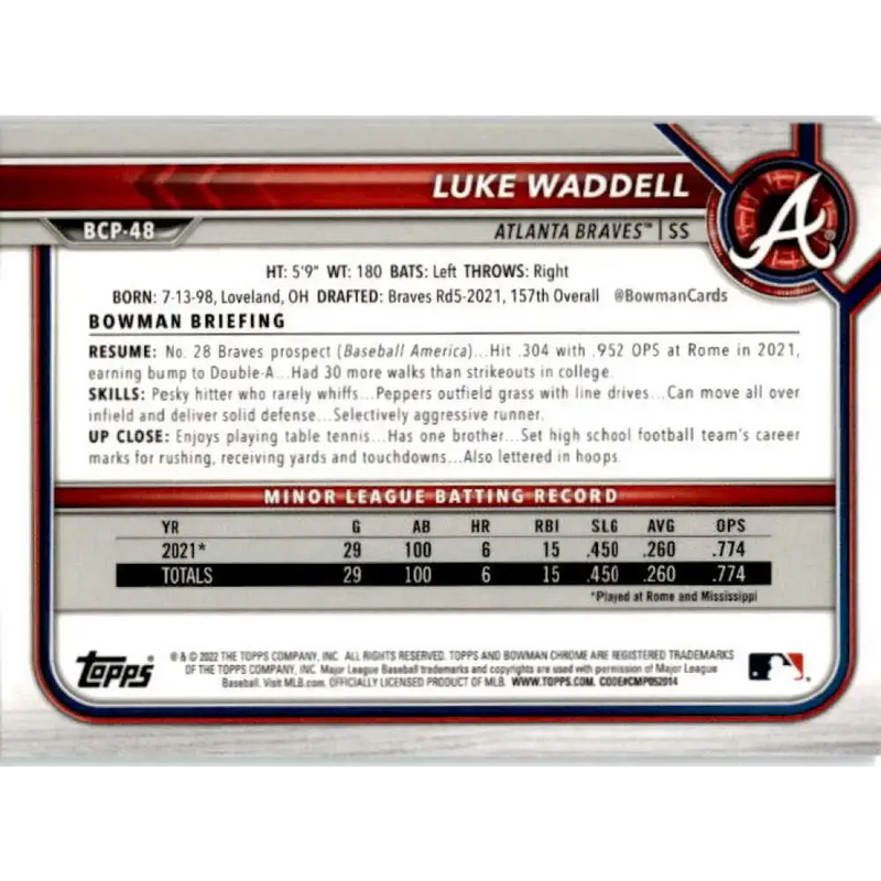 2022 Bowman Chrome Mega Box Mojo Refractor #BCP-48 Luke Waddell NM-MT Atlanta Braves Baseball Card - Baseball Card