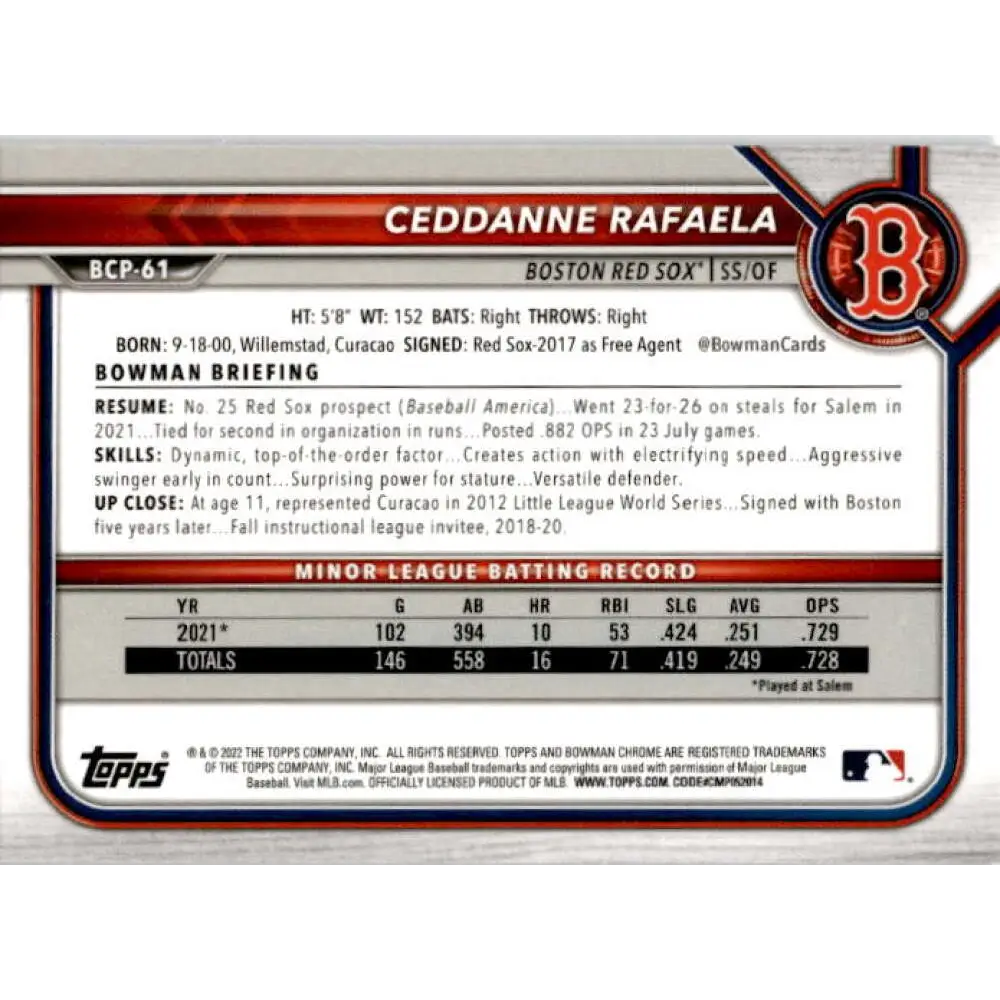 2022 Bowman Chrome Mega Box Mojo Refractor #BCP-61 Ceddanne Rafaela NM-MT Boston Red Sox Baseball Card Image 2