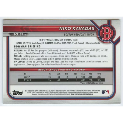 2022 Bowman Chrome Mega Box Mojo Refractor #BCP-68 Niko Kavadas NM-MT Boston Red Sox Baseball Card Image 2