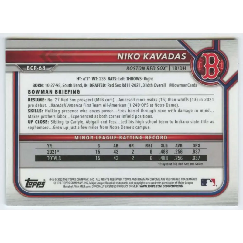 2022 Bowman Chrome Mega Box Mojo Refractor #BCP-68 Niko Kavadas NM-MT Boston Red Sox Baseball Card - Baseball Card