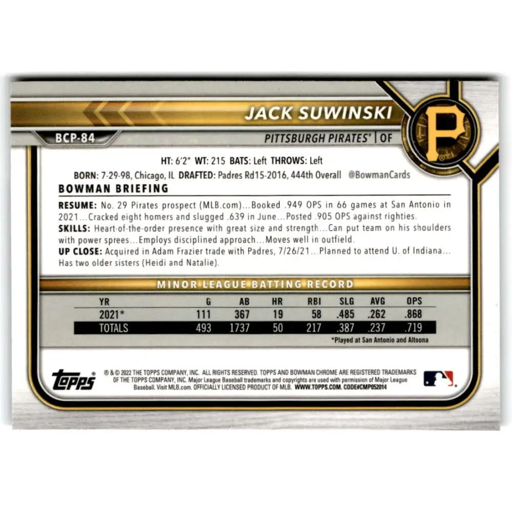 2022 Bowman Chrome Mega Box Mojo Refractor #BCP-84 Jack Suwinski NM-MT Pittsburgh Pirates Baseball Card Image 2
